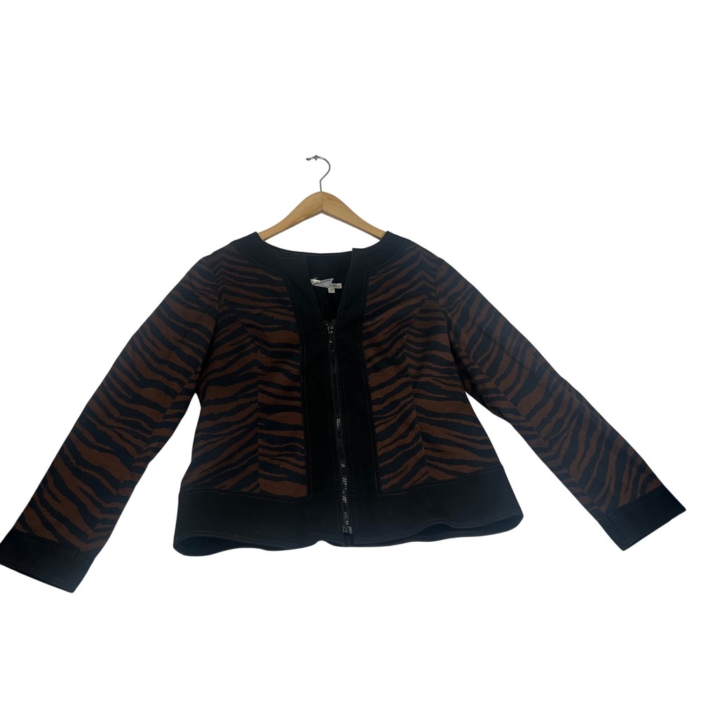 Maggy London Womens Tiger Print Zip Jacket Brown Black Cotton Blend Size 12